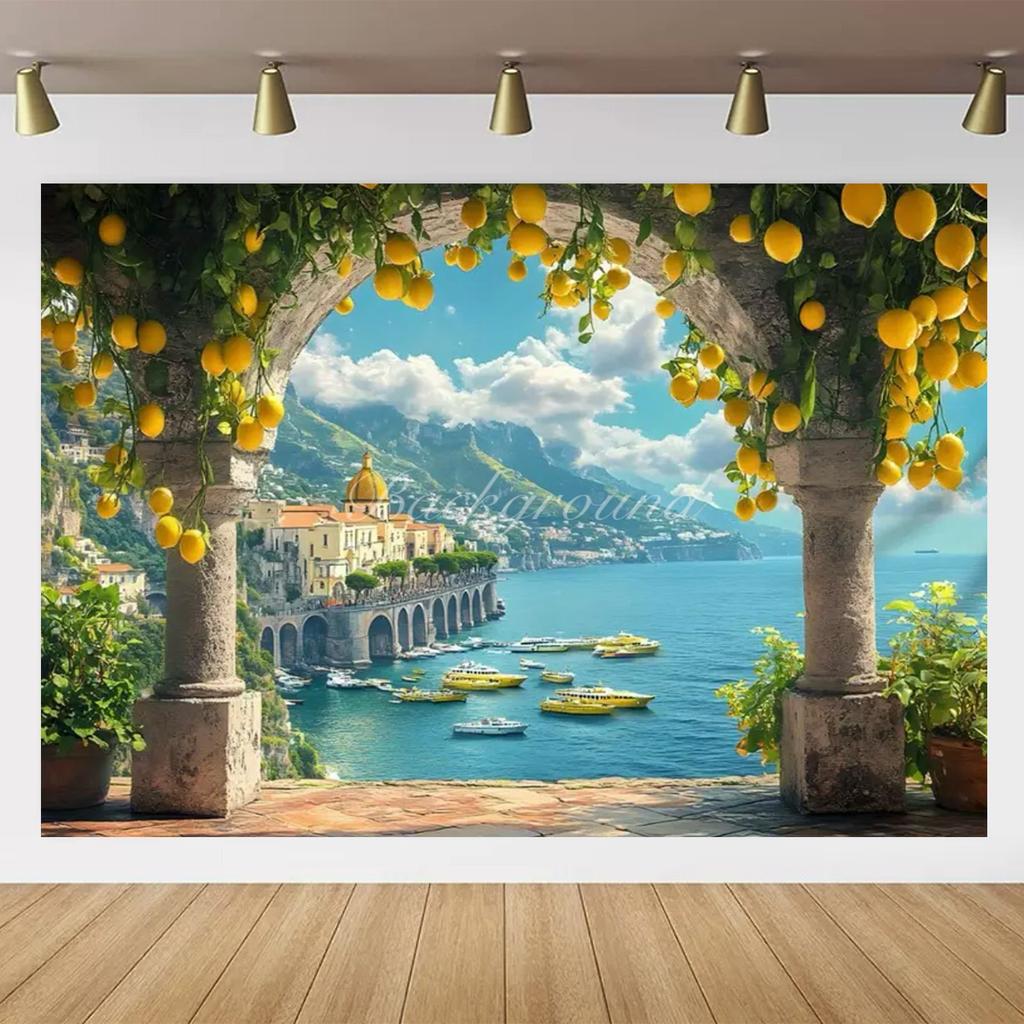 Banner Background with Lemon Tree Harvest Theme and Mediterranean Landscape Garden, Anniversary Room Decoration, Photo Backdrop