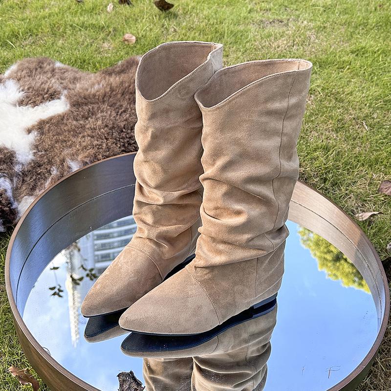 Modă Stil Nou Lux Calitate Înaltă Cizmă Plisată Femei Negru Nud Turmă Faux Suede Cizmă Peste Genunchi Dama Plat Toamnă Iarnă Pantof de Rochie