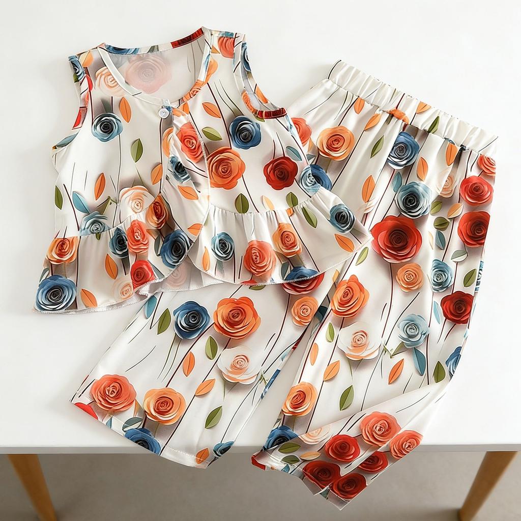 Toddler Girls Fashion Sleeveless 3D Flower Wide Leg Pants Set Casual Summer Two Piece Outfit For Little Kids