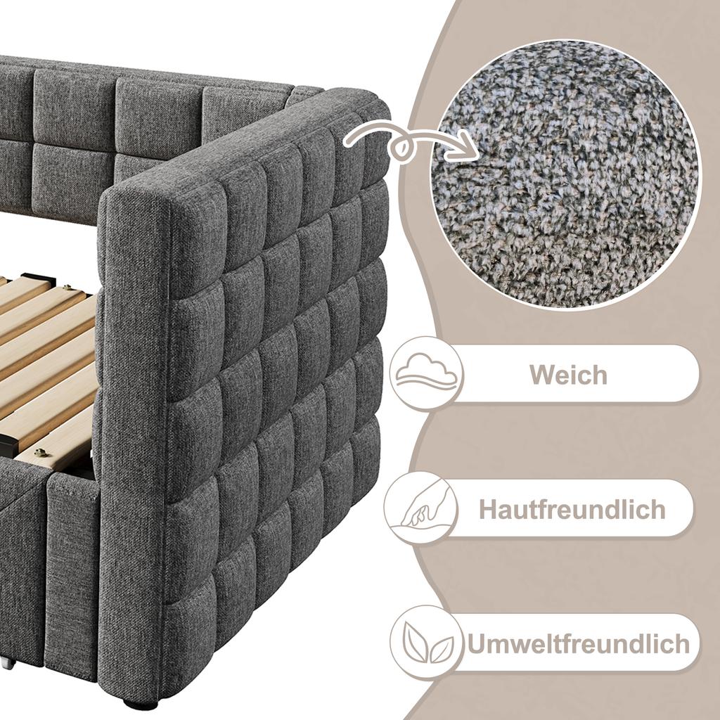 Cama de día, Cama de día, 90 x 200 cm, Sofá cama con respaldo cuadrado, Cama extraíble (Extensible a 180 Tamaño Queen), 2 Cajones, sin Colchón, Gris