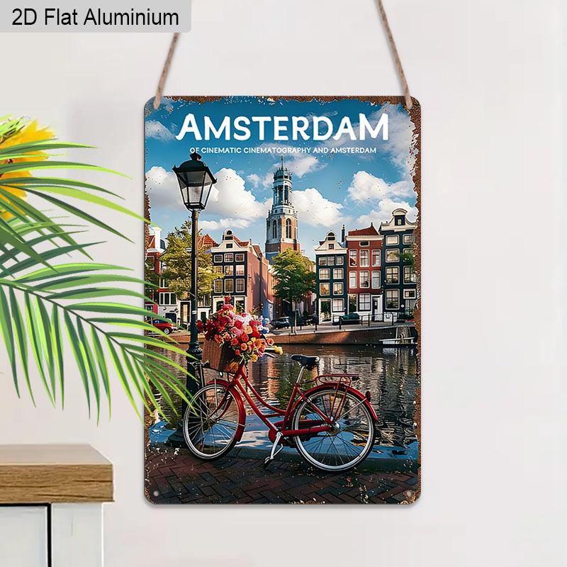 2D Flat, 1pc Vintage Amsterdam Aluminium Wall Art Sign "Cinematic Amsterdam" - 8"x12" Rustic Travel & Home Decor, Dutch Canal & Bicycle Wall Art