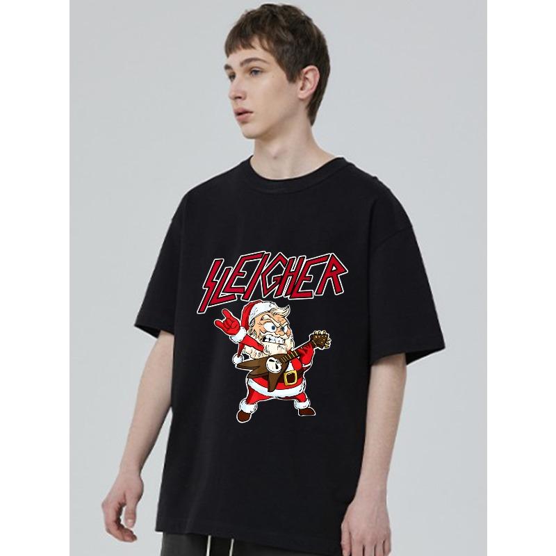 Zwart T-shirt met Santa Rocker Grafisch en Slegher Tekst voor Feestkleding