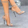 Damen Silber High Heel Sandalen Kristall Knöchelriemen Strass Hängende Dekoration Spitze Mode Partykleid Schuhe Elegante Absätze