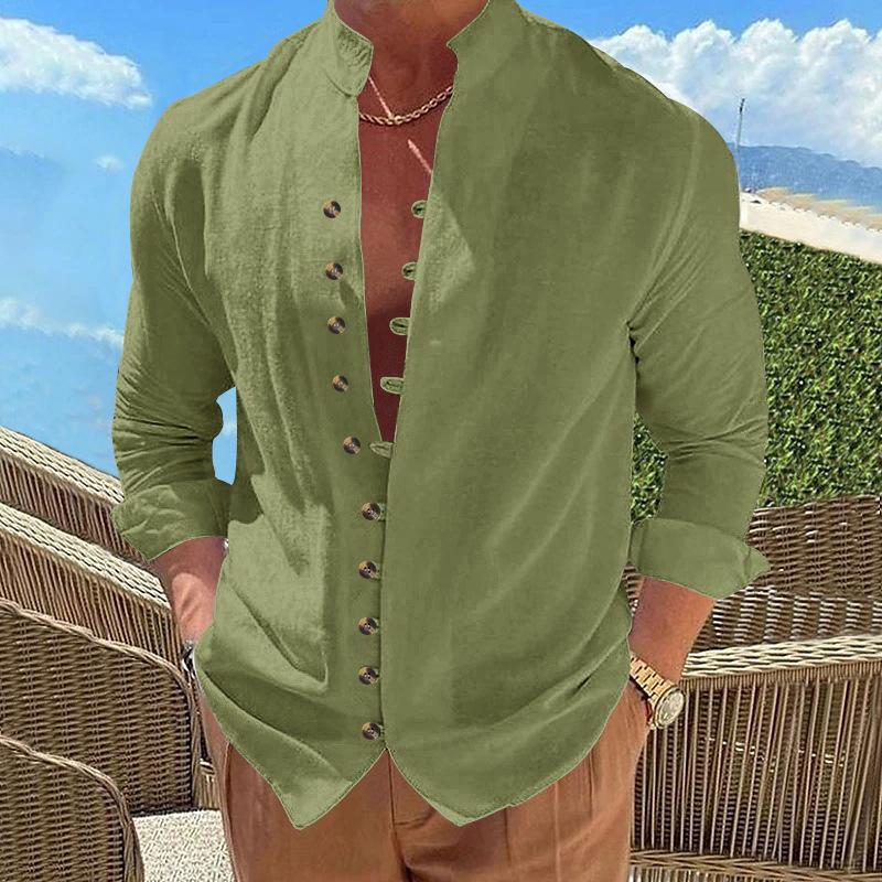 New Buckle-down Men's Retro Linen Casual Loose Long-sleeved Shirt