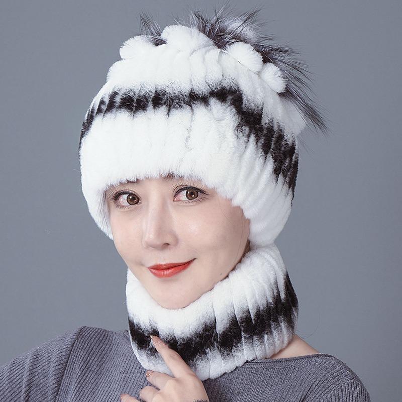 New Rex rabbit fur wool hat women's autumn and winter warm scarf fashion thickened ear protection flower suit tide