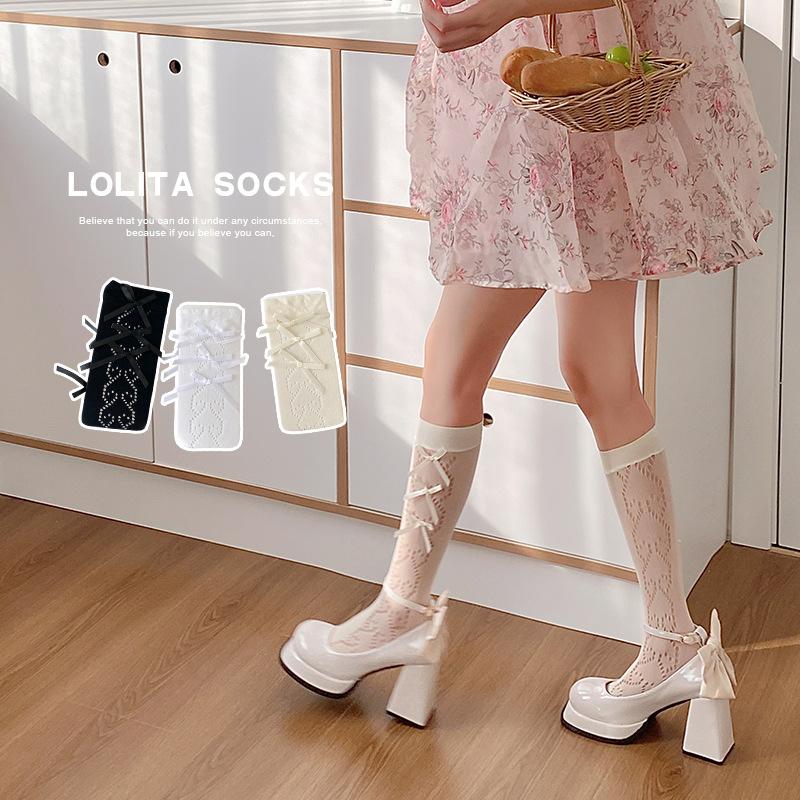 

Women s Thin Lolita White Bow Hollowed-out Heart-shaped Calf Socks, Trendy Summer Thin Knee-length Socks 1 pair білий