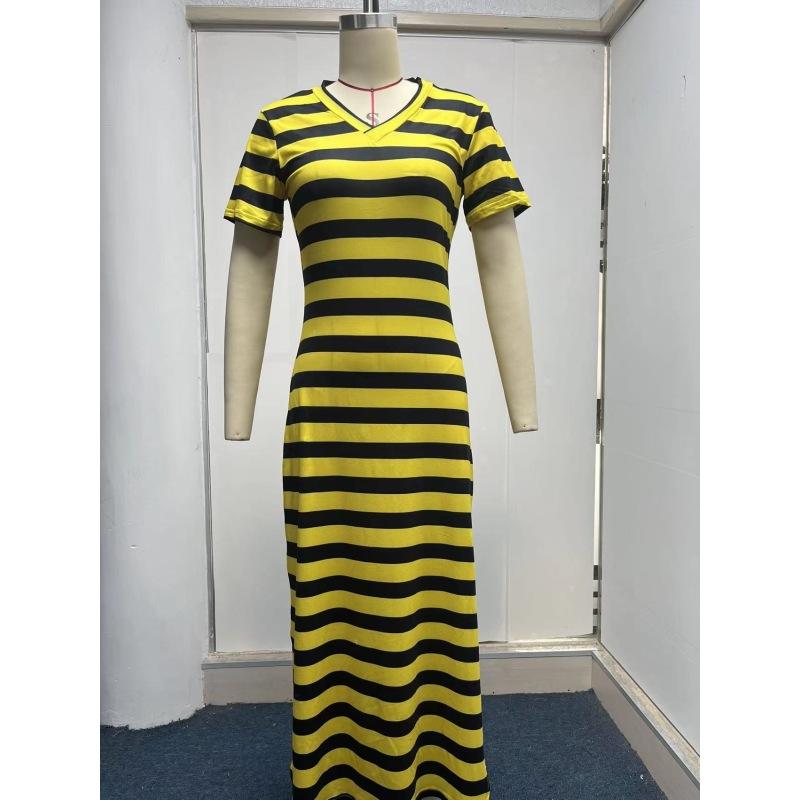 

Женское длинное платье в полоску со свободным разрезом и V-образным вырезом с короткими рукавами XXXL жёлтый