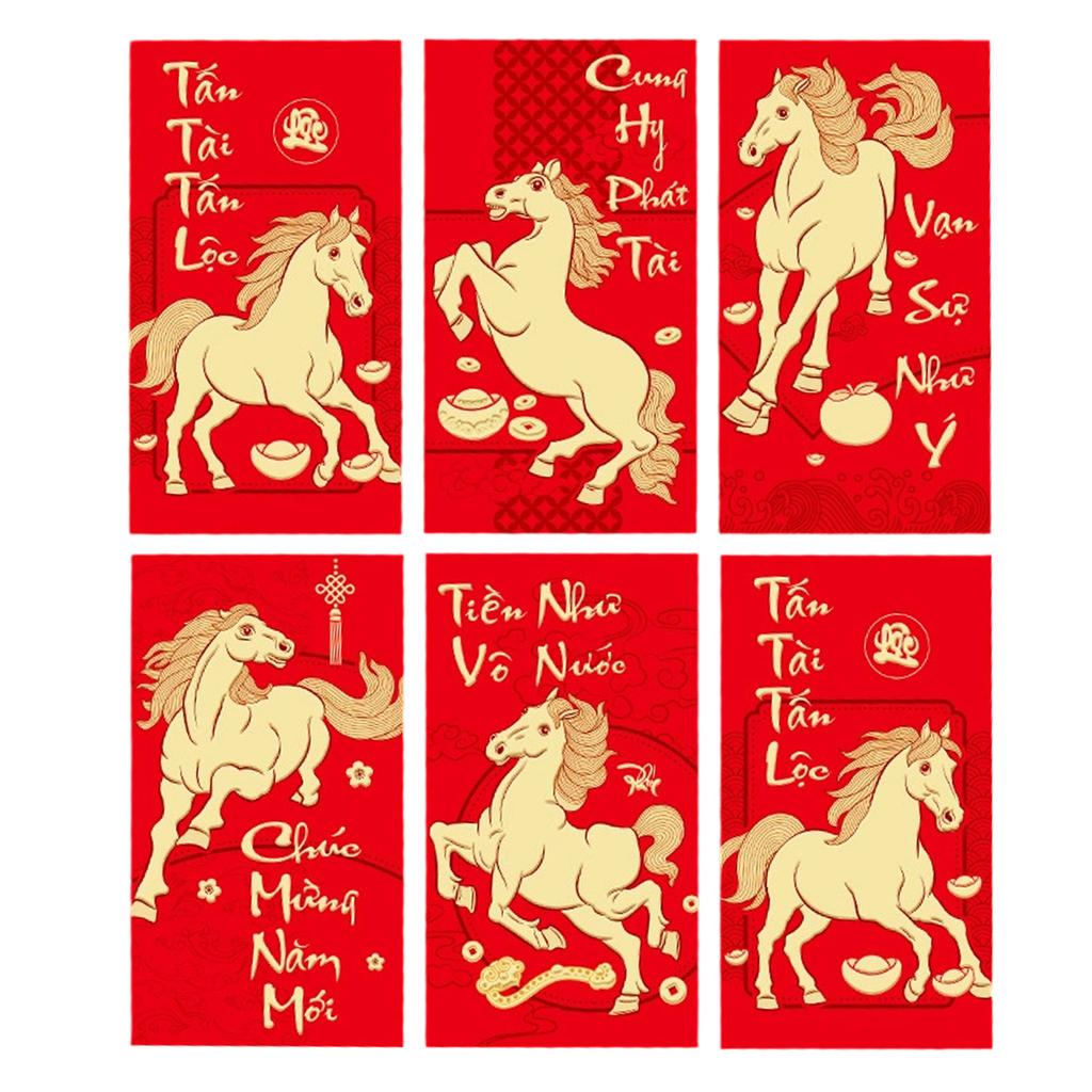 Pack of 6 Vietnamese Lunar New Year Red Envelopes With Festive Horse Design and Matte Finish for 2026 Celebrations