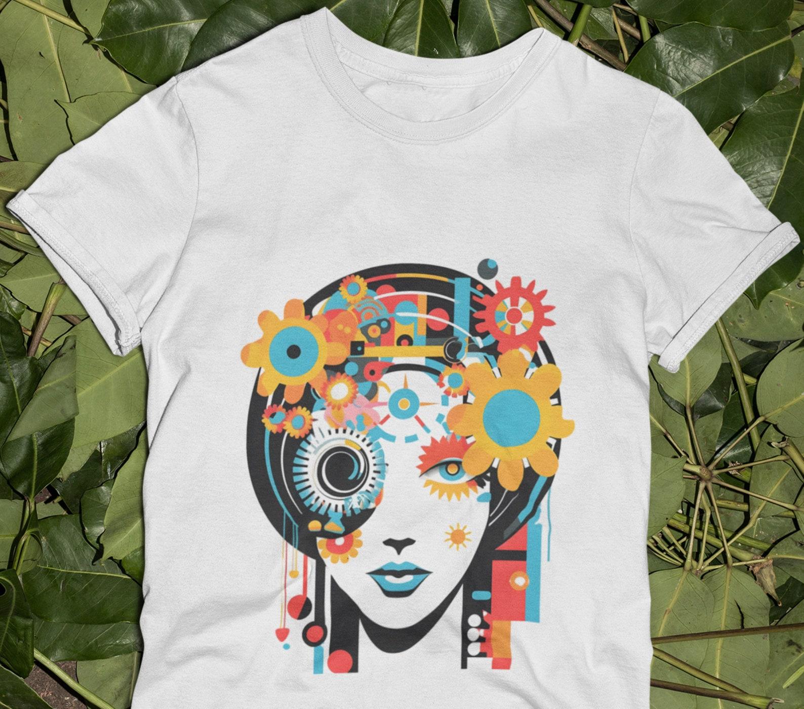 CyberFemme T-Shirt: Vibrant Geometric Cyberpunk Face Tee 4XL