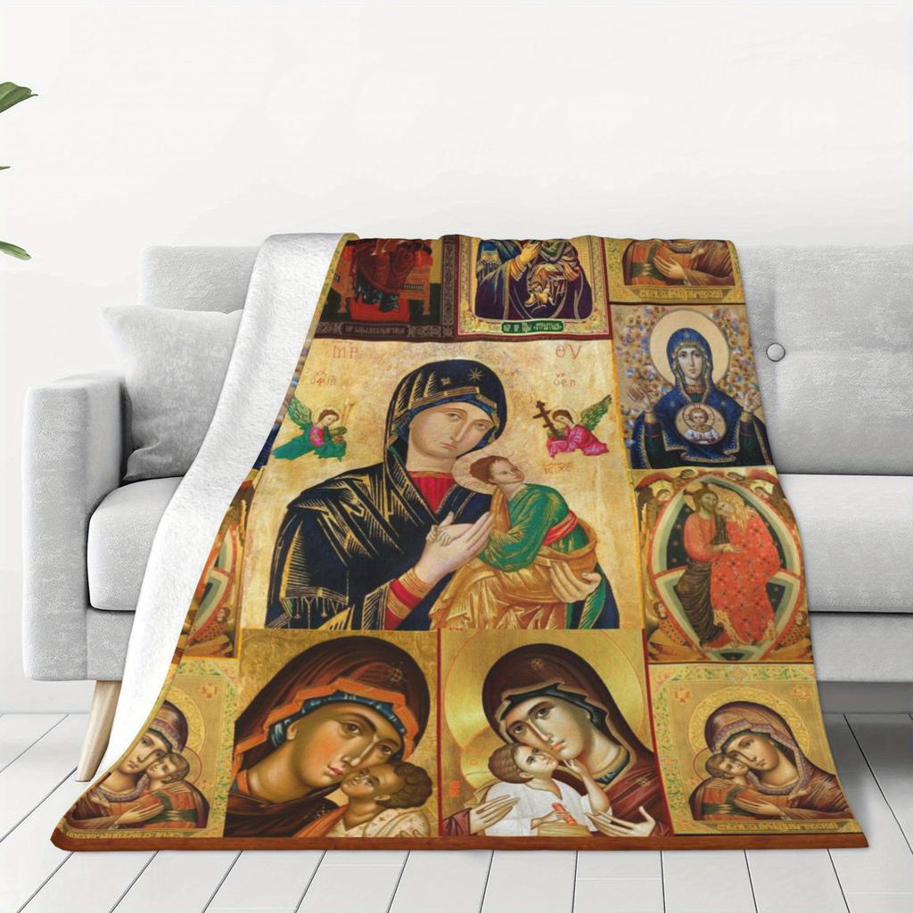 Heavenly Mother Flannel Throw Blanket Soft Virgin Mary Design All Season Cozy Comfort for Faith Inspired Gift