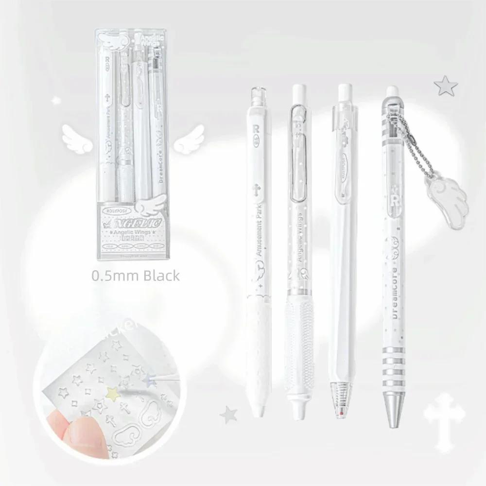New High Quality 4Pcs/Set 0.5mm Pearl Angel Gel Pen Set Soft Comfort Grip Wing Design Black Ink Exam Pens Smooth Writing Gel Ink