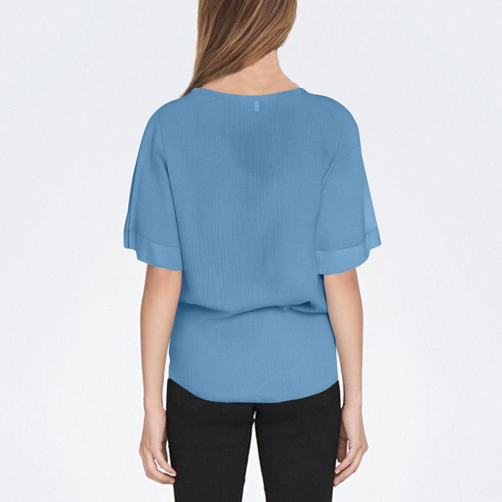 Ladies Casual Loose Fashion Medium Sleeve Cotton Linen Solid Color V-neck Button-down Shirt