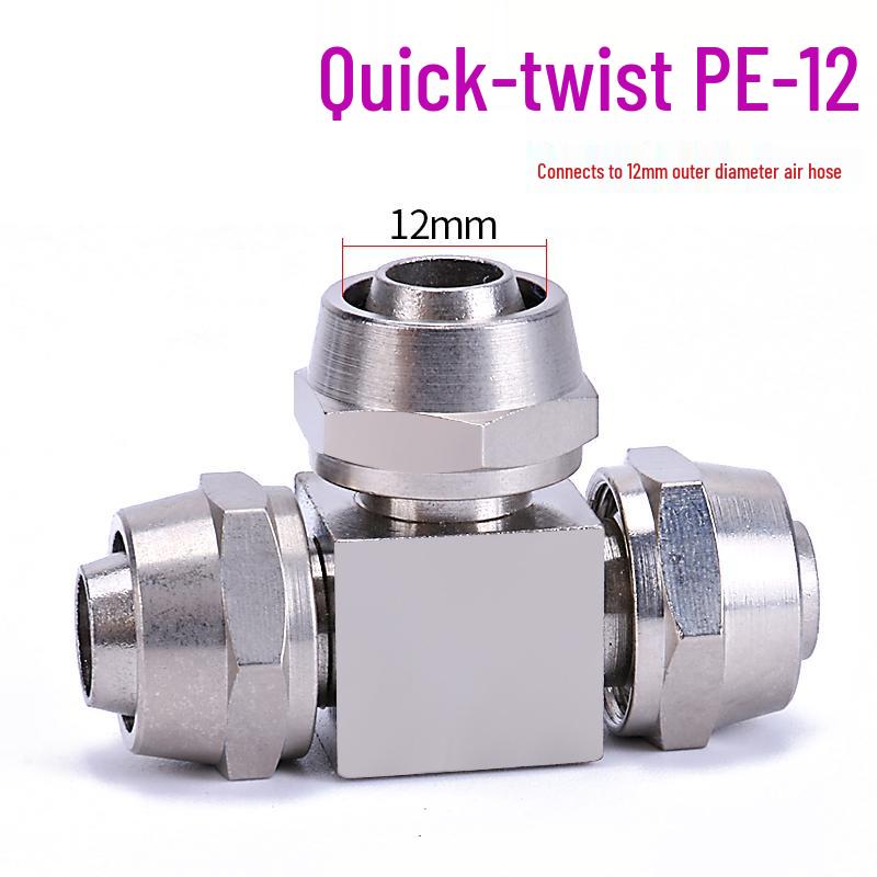 T-shaped Quick-Connect Pneumatic Fitting for High-Pressure Air Hoses, Nickel-Plated, Available in 4-12mm.