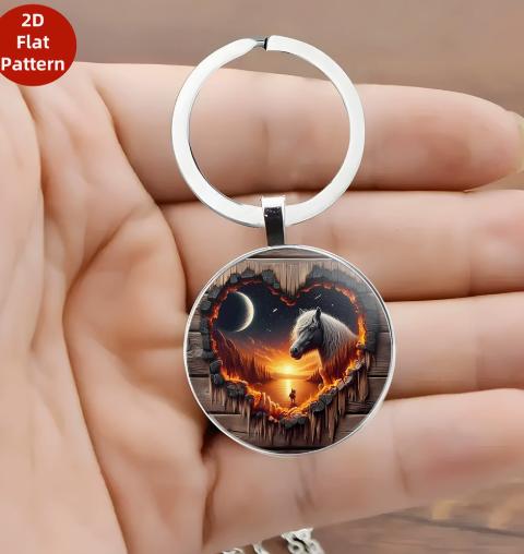 Round Pendant Keychain with a Running Horse Design