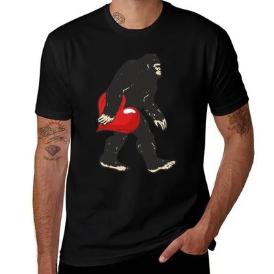 Valentines Day Bigfoot Carrying Big Red Heart Cute In Love Gift Tshirt Simple Graphic Design Tshirt