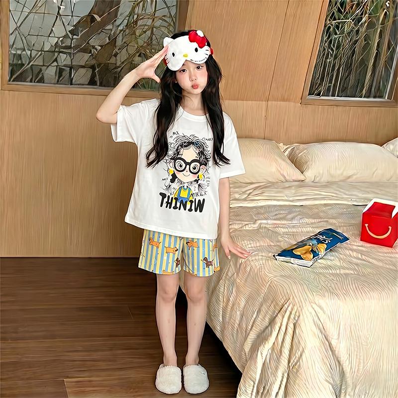 Kids' Summer Cartoon Pajama Set - Short Sleeve & Shorts for Girls