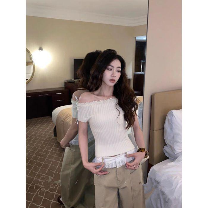 French Bow, Niche Knitted Short-sleeved T-shirt, Versatile Off-the-shoulder Top