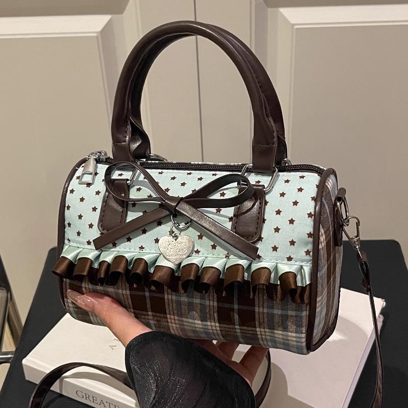 Korean Bow Pillow Bag Women Star Checkered Handbag Blue Brown Pleated Edge Shoulder Bag Cute Heart-shaped Pendant Crossbody Bag