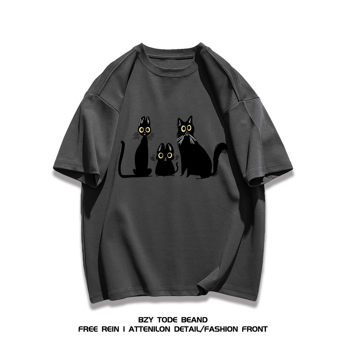 

Heavy Cotton Korean Version of Versatile Cat Print Shortsleeved Tshirt Couple Summer Ins Fashion Loose Top Unisex and Women S