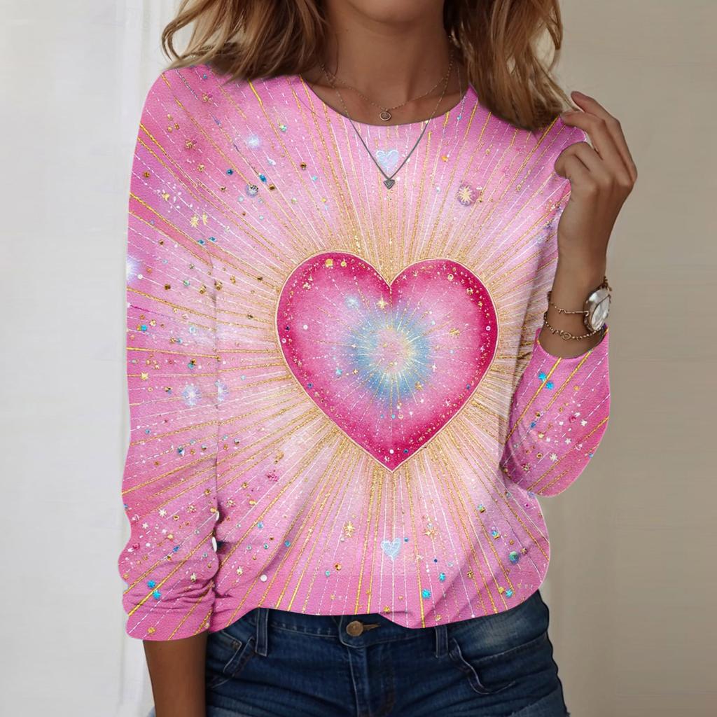Women's Casual Long,sleeved Valentine's Day Printed Round Neck Top