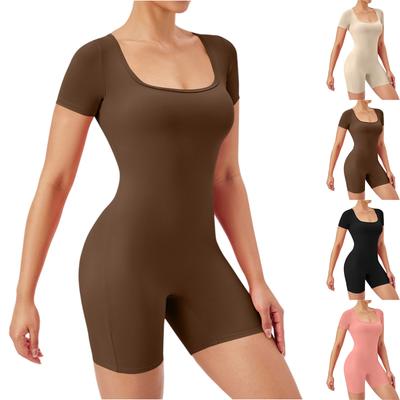 Women's Short Sleeve Yoga Tights Fitness Square Neck Bodysuit Jumpsuit