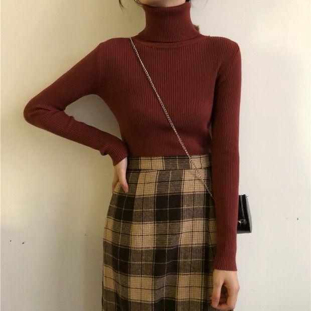 Dámský podzimní a zimní jednobarevný silný svetr Dámský pletený žebrovaný pulovr svetr s dlouhým rukávem rolák Slim měkký teplý svetr