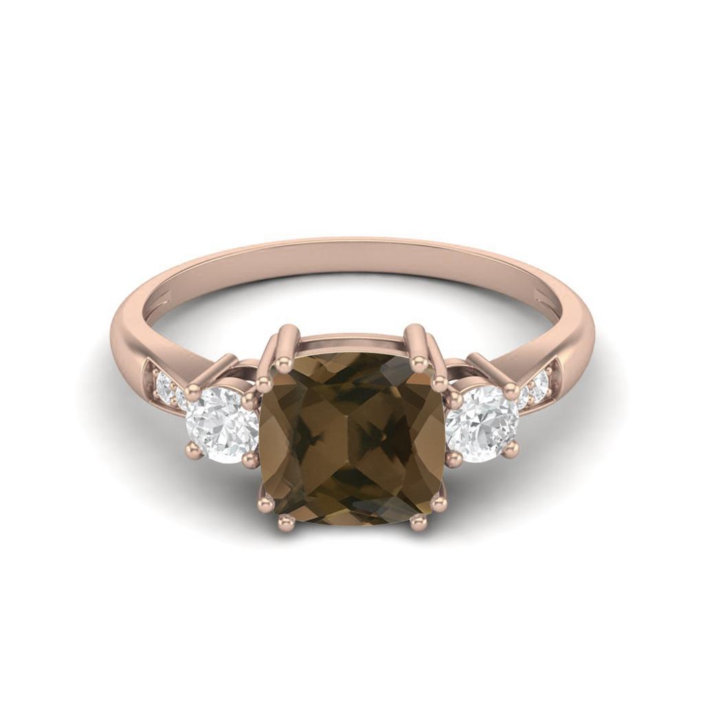 7mm Cushion Smoky Quartz 925 Sterling Silver Rose Vermeil Three Stone Women Engagement Ring