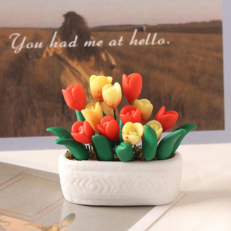 1:12 Dollhouse Miniature Tulip Potted Plant Flowerpot Bonsai Garden Model Decor Toy Doll House Accessories