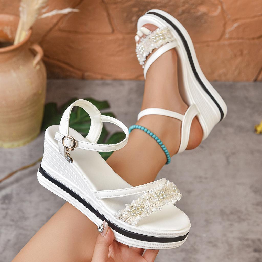Comemore Summer New Roman Style Sandals Large Size Pearl Decoration Wedges Thick Bottom Casual Heeled Sandales Women's Shoes