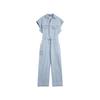 French Style Denim One-Piece Solid Color Lapel Waist-Defining Loose Jumpsuit Women Jumpsuits Denim-Blue EJ47960