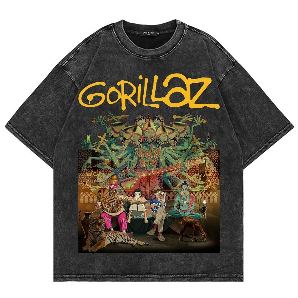100% Bawełna Vintage Spierana Koszulka Gorillaz The Mountain Moda Mężczyźni_Kobiety Estetyczna Retro Oversize Luźne Koszulki Acid Wash