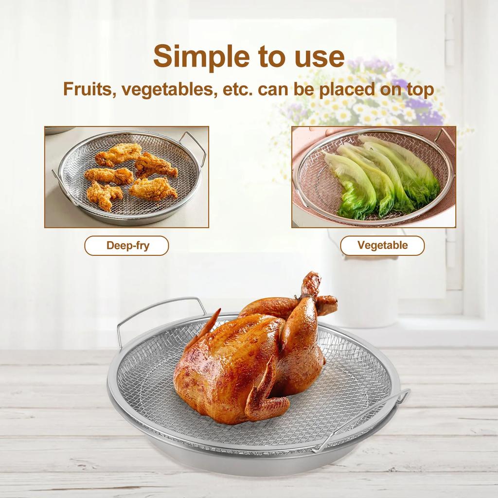 Multi-function Oil Filter Tray Round Stainless Steel Fried Food Draining Rack Heat Resistant Mesh Draining Basket with Drip Pans