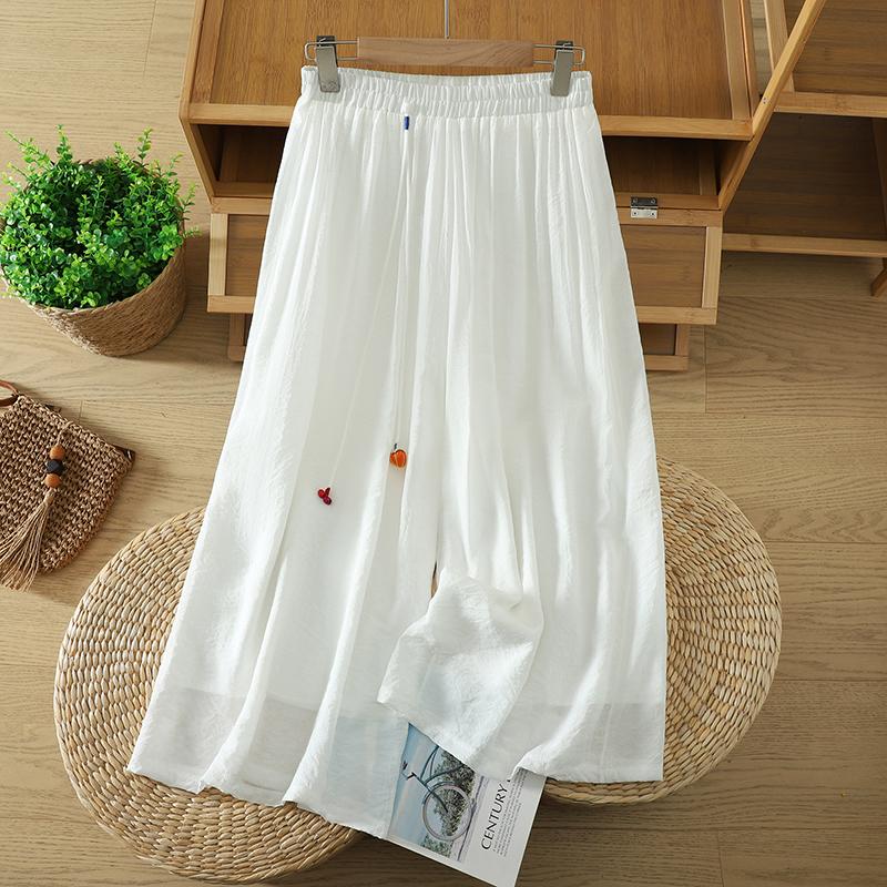 DIMANAF 2026 Plus Size Women Linen Pants Elastic Waist Vintage Basic Lady Wide Leg Long Pants Oversize Loose Tencel Solid