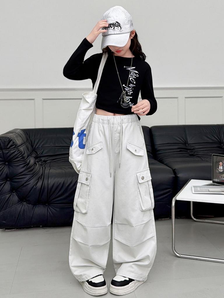 Girls' Wide-Leg Cotton Work Pants with Big Pockets - Autumn 2026 Style for Medium to Large Children, Casual Straight-Leg Long Pants