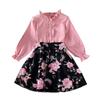 Conjuntos de meninas 4-7 anos menina rosa renda gola manga comprida top + saia estampada preta ternos estilo coreano
