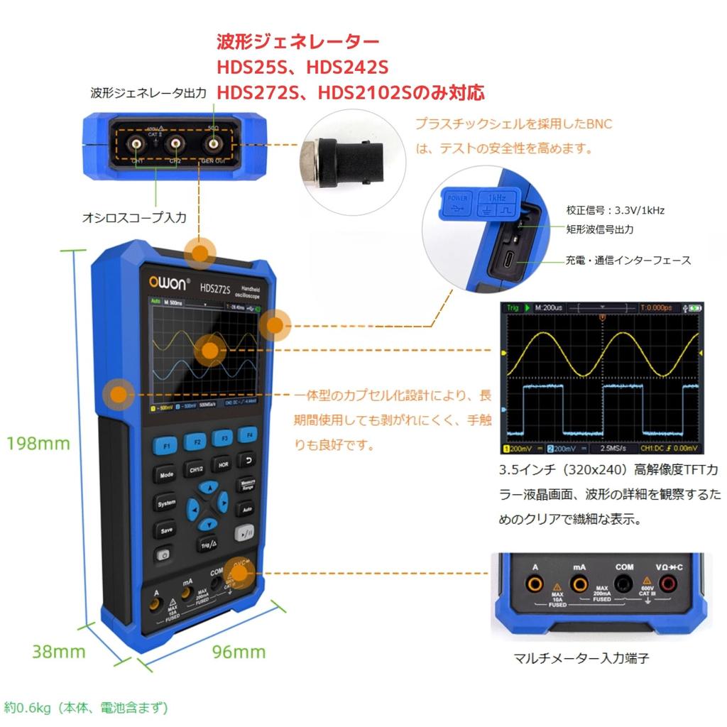 OWON HDS242 40MHz Handheld Sample 8K Record Counts True Japanese Instruction Manual Included 2-Channel Oscilloscope/Multimeter, 2-in-1 Wireless,