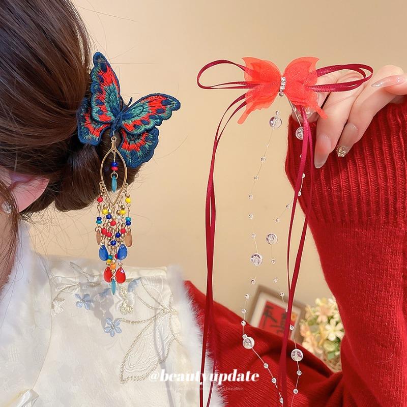 New Chinese Butterfly Glass Crystal Fringed Hairpin Women's Exquisite Elegance Niche Duckbill Clip Light Luxury High-end Hair Accessories