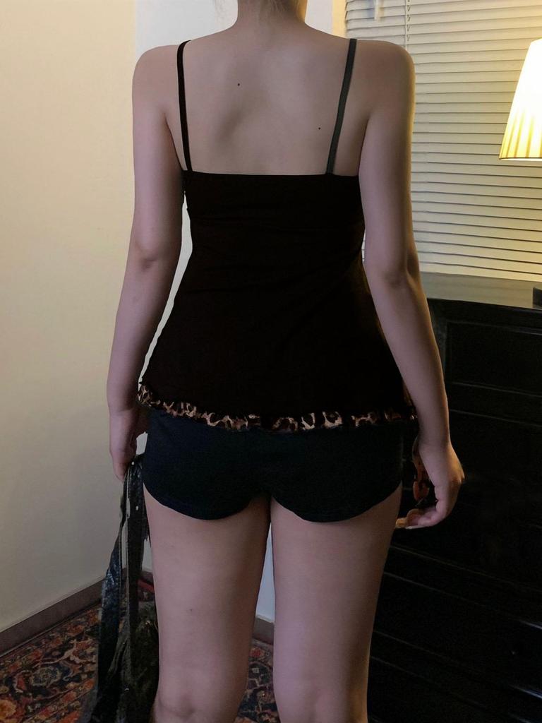 European & American Sexy Leopard Print Color Block A-Line Lace Tie-Up Camisole