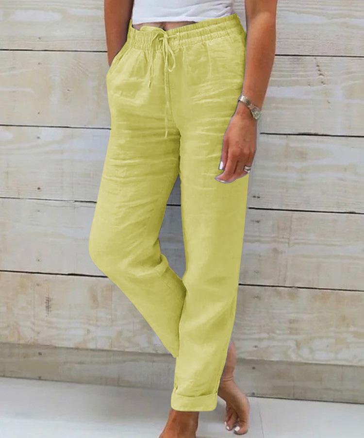 2024 Summer Elastic Waist Cotton Linen Wide-Leg Pants – Women's Loose-Fit Solid Color Trousers