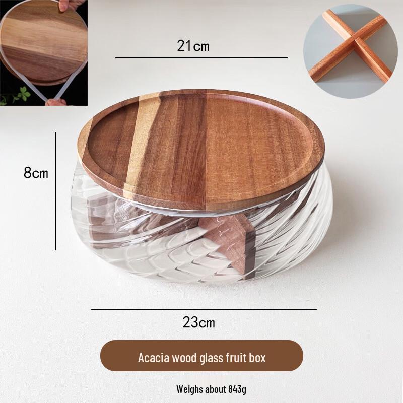 High Borosilicate Glass Fruit Plate with Acacia Wood Lid and Stand