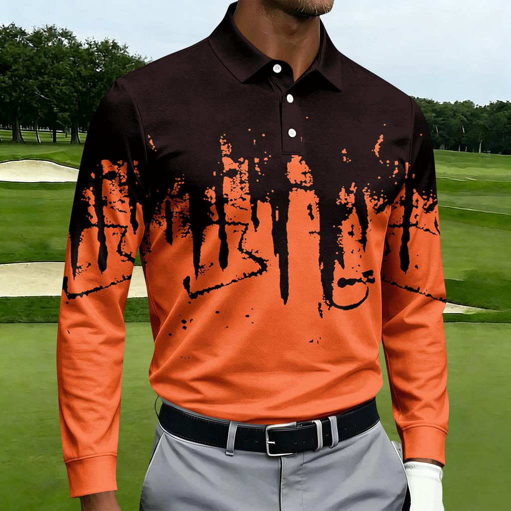 Men's Casual Printed Long Sleeve Button Down Shirt with Lapel Collar for Sports and Daily Wear