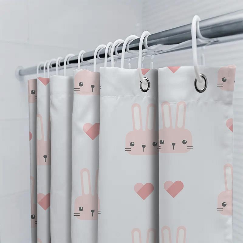 Cute Rabbit Heart Print Shower Curtain for Bathroom Decoration in Various Sizes Pink White Animal Design Polyester Fabric Waterp