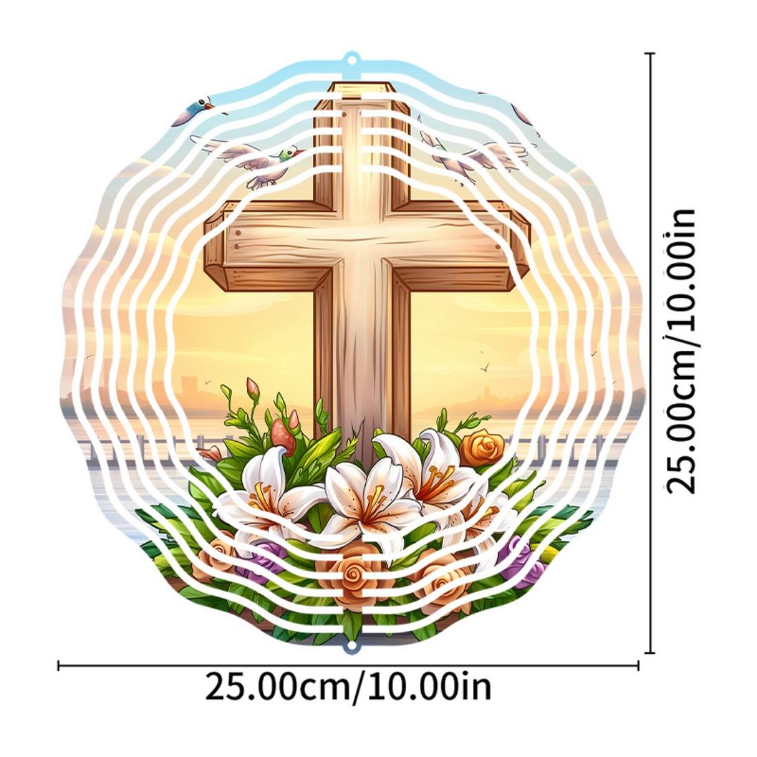 

Элегантный 3D вращающийся металлический ветряк-крест - Дизайн Безмятежный восход с лилиями и голубями, Складная ручная работа для праздничного уличного декора 01A