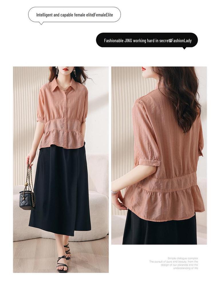 Trendy Summer Skirt Suit: Slimming Two-Piece with Stylish Half-Open Collar for Young Moms