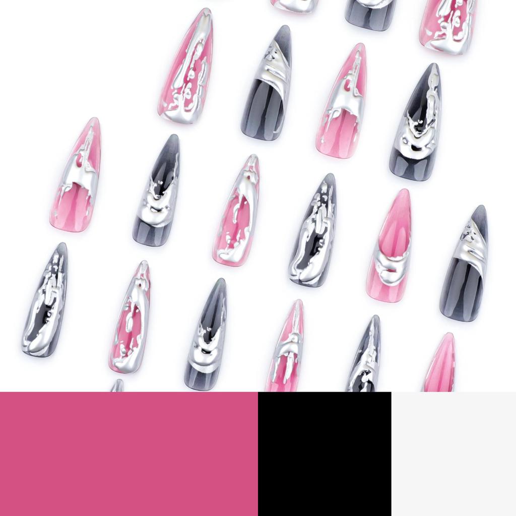 European & American Long Pointed 3D Silver Smudged Fake Nails - Popular Cross-Border Nail Art