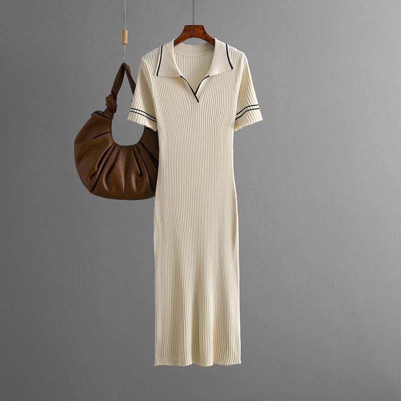 

Летнее однотонное платье-поло с лацканами, облегающее, с карманами на бедрах, трикотажное, с короткими рукавами, для женщин OneSize абрикосовый