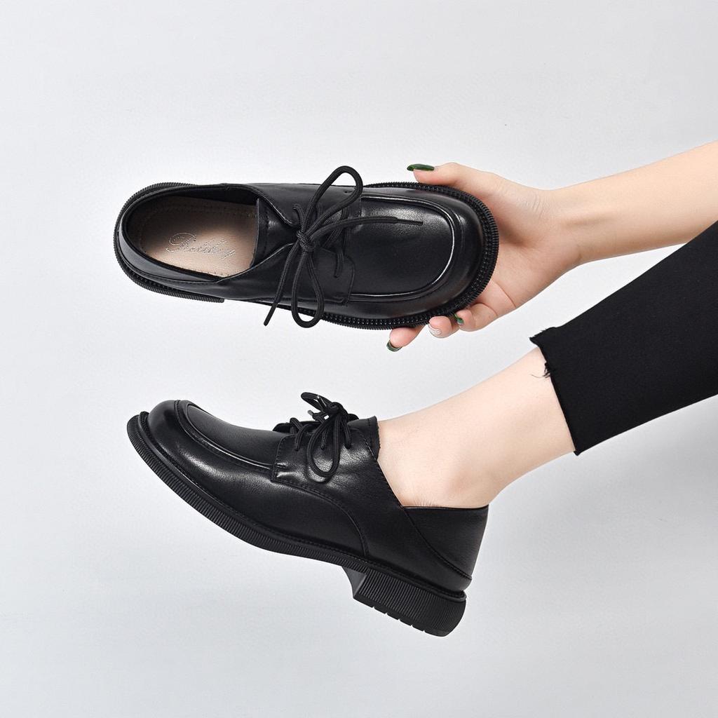 Casual spring new lace-up thick heel single shoes first layer cowhide one shoe two wear leather shoes