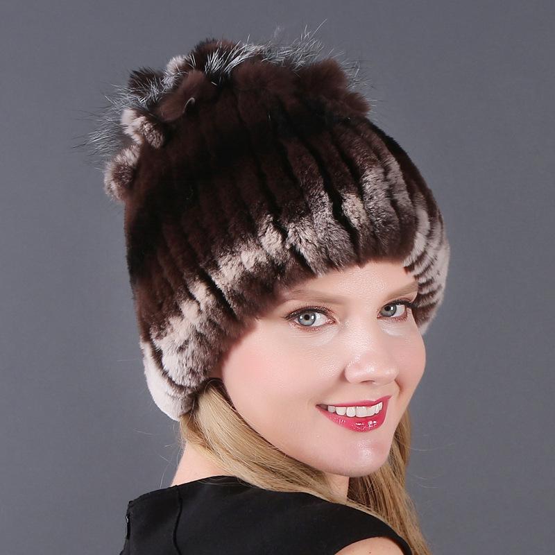Colorful Rex Rabbit Fur Knitted Women's Warm Winter Hat