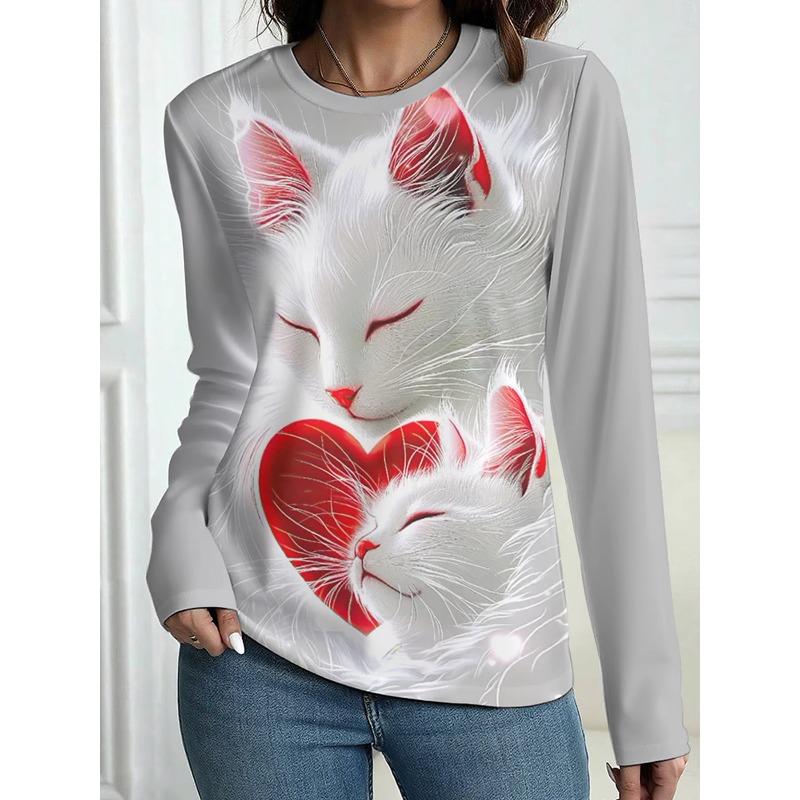 Autumn/winter Women's 3D Printed Crew Neck Long-sleeve T-shirt