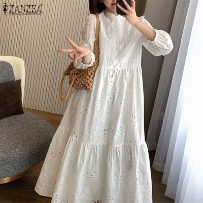 Abito Lungo da Donna Casual a Maniche Lunghe Largo con Pizzo all'Uncinetto Patchwork
